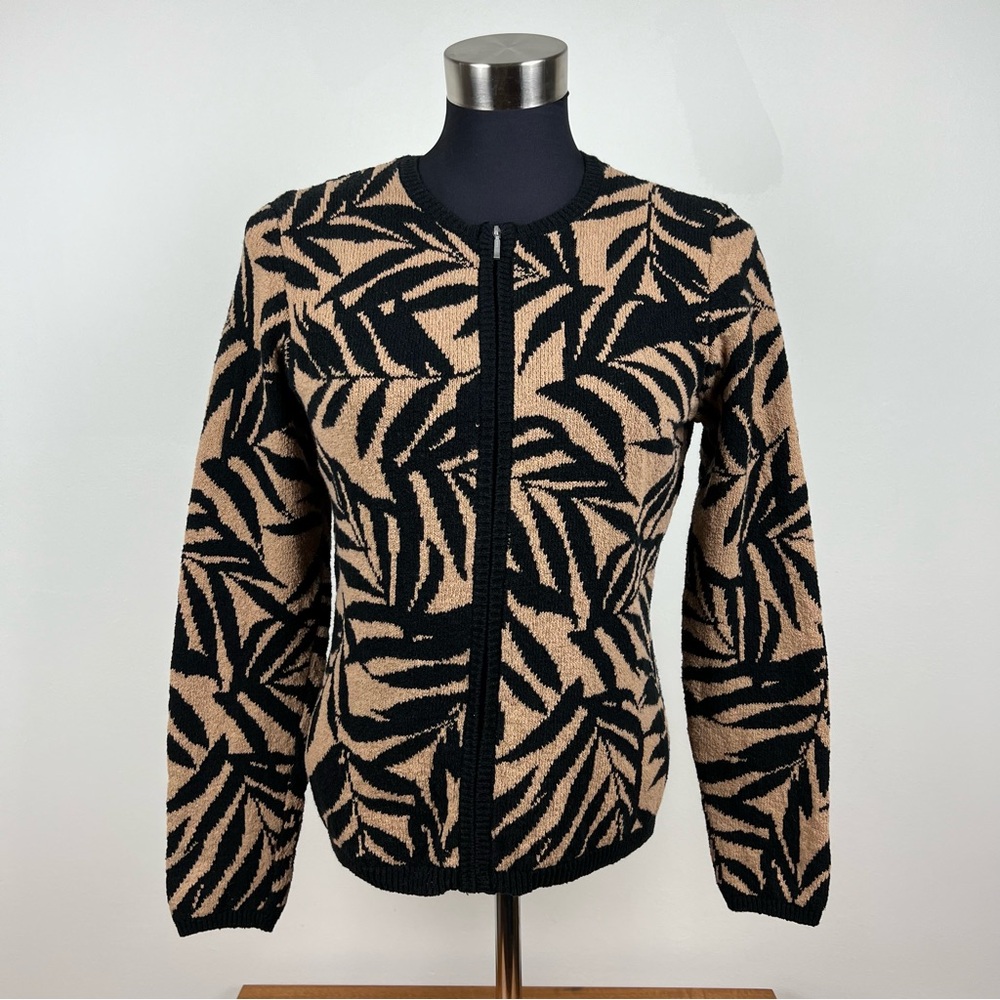 Talbots Vintage 100% Cotton Fern/Palm Tan & Black Zip Sweater